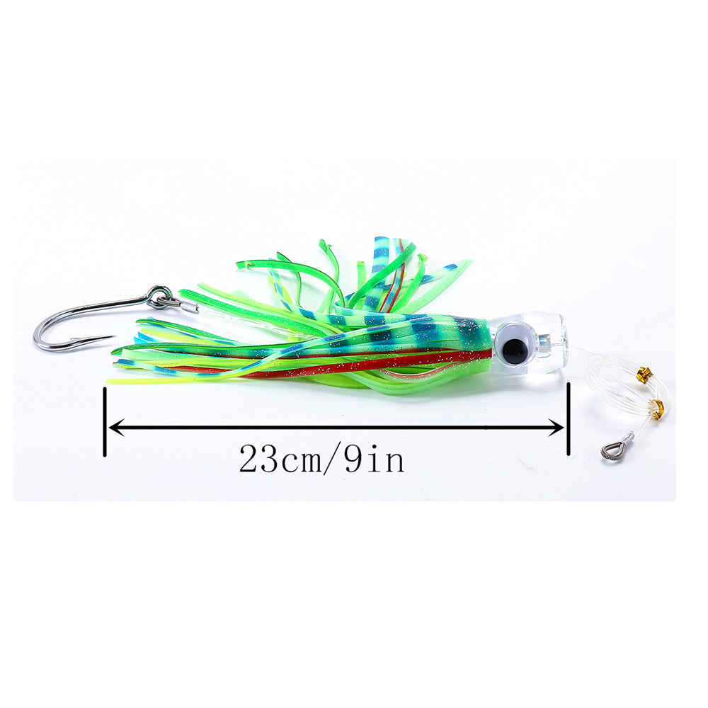  9 Inches/12 Inches Green Machine Style Squid Skirts Trolling  Lures,Rigged Circle Hooks, Green/Glow